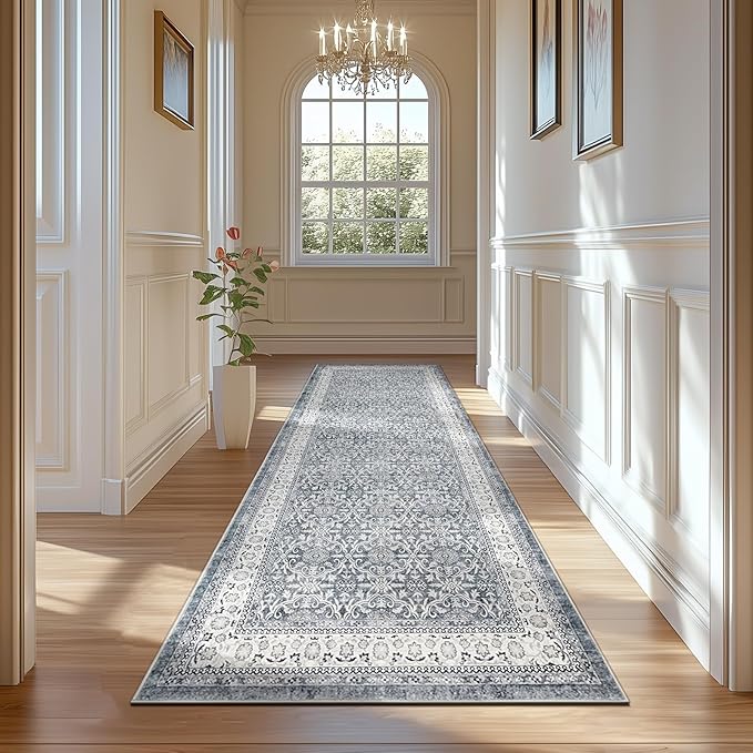 jinchan Hallway Runner Rug 2x10 - Machine Washable Grey Vintage Floral Distressed Design Soft Non-Slip Low-Pile Ultra-Thin Runner Rug for Kitchen Laundry Room Bedroom Farmhouse (2‘x10', Grey)