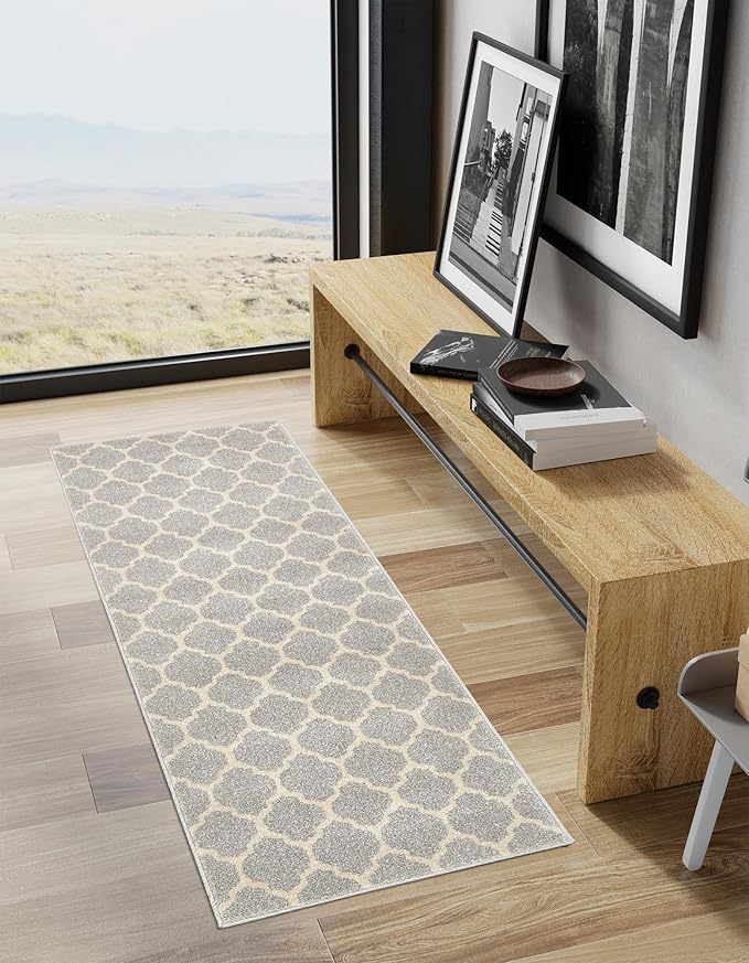 Rugs.com Lattice Collection Rug – 13 Ft Runner Light Gray Medium-Pile Rug Perfect for Hallways, Entryways