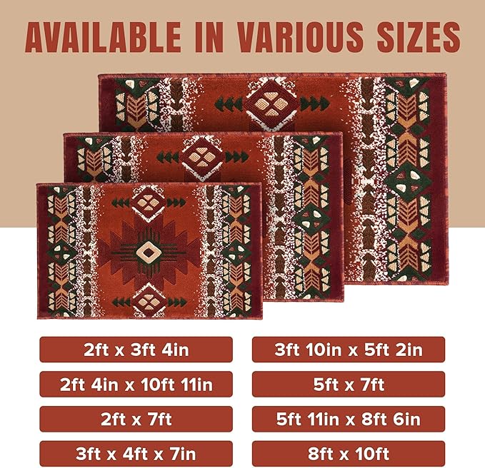 YHSF South West Native American Area Rug C318 - Easy Clean, Thick, Soft, Durable Native Tribal American Indian Inspired Rug for Bedroom/Living Room and More - Rust, 2 Feet x 7 Feet