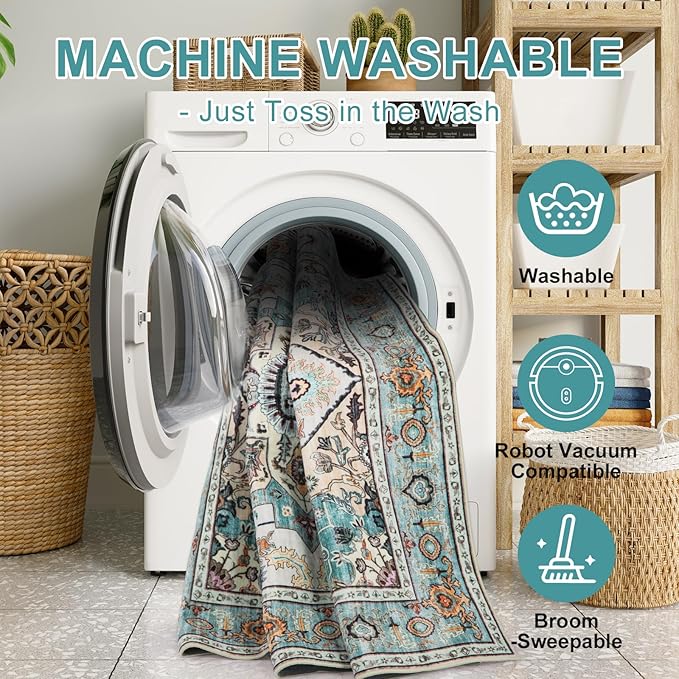 WILLSUN Washable Area Rugs, 3x5 Non-Slip Boho Large Area Rugs for Living Room, Bedroom, Machine Washable Vintage Rug, Indoor Floral Print Carpet for Home Decor, Kid & Pet Friendly Mat