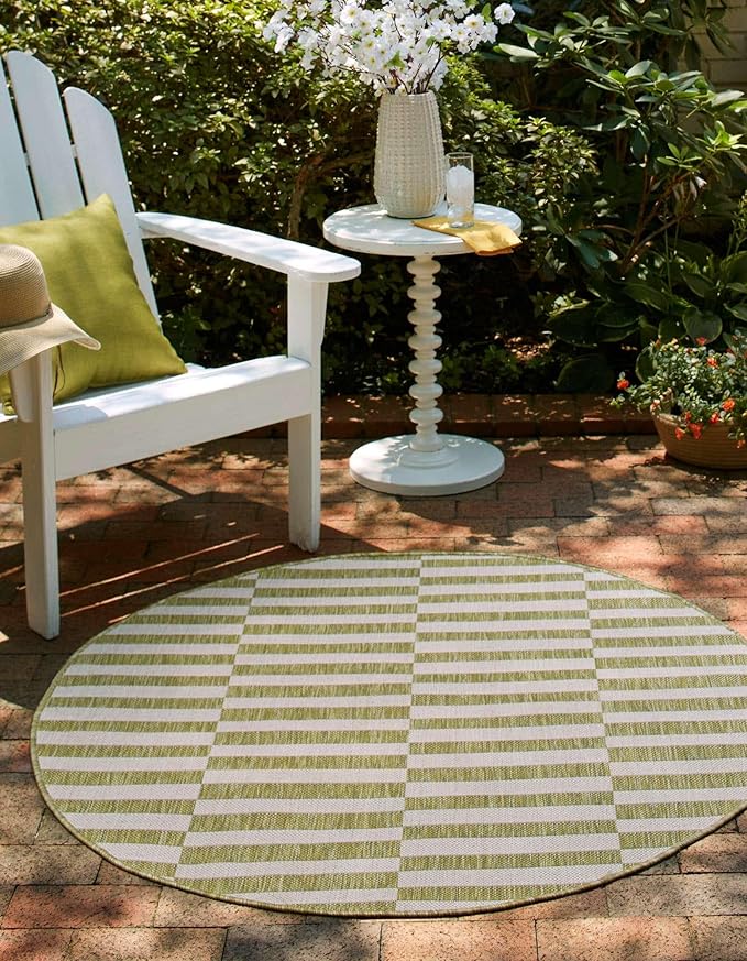 Unique Loom Outdoor Striped Collection Area Rug - Striped (12' Round Green/Ivory)