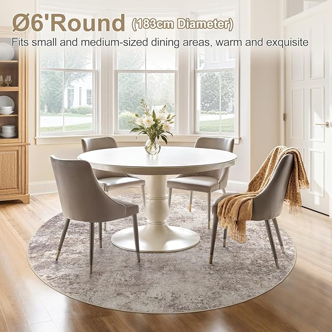 6ft Round Area Rug Living Room Rugs - 6x6 Washable Large Soft Indoor Neutral Modern Abstract Low Pile Rug Carpet for Bedroom Dining Room Farmhouse Home Office - Brown