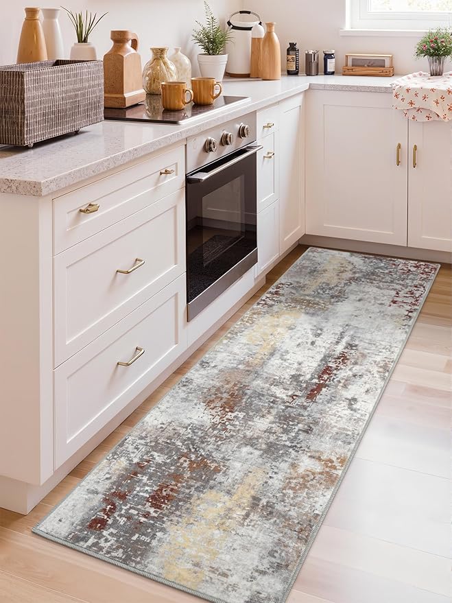 Washable Abstract Runner Rug, 2x6 Modern Area Rugs with Non-Slip Rubber Backed for Kitchen, Thin but Soft Contemporary Carpet Bedroom Entryway Hallway Decor, Rusty Brown