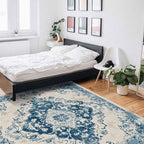 Blue Bohemian Rectangular Area Rugs for Living Room Bedroom 4 x 6 ft Vintage Farmhouse Floral Pattern Non-Shedding Soft Low Pile Rug Non Slip Washable Rug for Nursery Entryway Playroom
