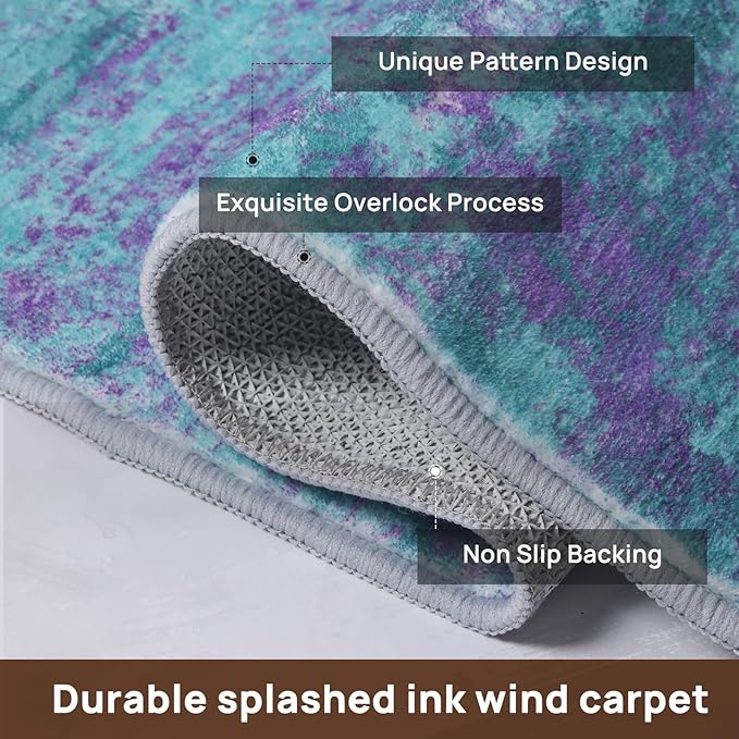 9x12 Abstract Area Rugs for Living Room, Modern Teal Purple Washable Indoor Rug for Bedroom, Soft Large Non-Slip Carpet for Dining Room Home Office Farmhouse Decor - Teal+Purple