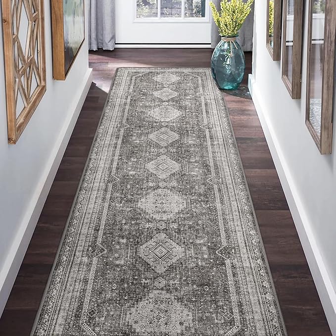 GENIMO Runner Rug 2x10 Non Slip Machine Washable Hallway Runner Rug, Low Pile Lightweight Rugs for Entryway, Hallway, Kitchen and Corridor, Vintage Grey