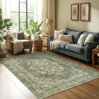 jinchan Green 4x6 Area Rugs Vintage Floral Design - Machine Washable Distressed Soft Ultra-Thin Low-Pile Non-Slip Carpet for Entryway Kitchen Bedroom Nursery Living Room Dining Room (4x6ft,Green)