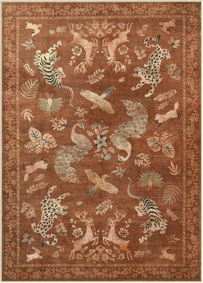 Moynesa Orange 5x7 Bedroom Rugs, Vintage Peacock Floral Washable Area Rugs for Living Room Dining Room Office Study, Low Pile Soft Non-Slip Water Repellent Carpets for Fall Winter Home Decor