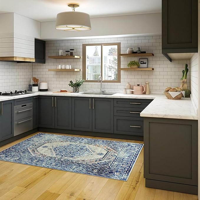 Easy-Going Area Rug 4x6 Washable Boho Rugs for Living Room Non-Slip Bedroom Rug Low Pile Lightweight Medallion Distressed Throw Rug for Dining Room Kitchen Home Office Carpet, Vintage Blue Cream