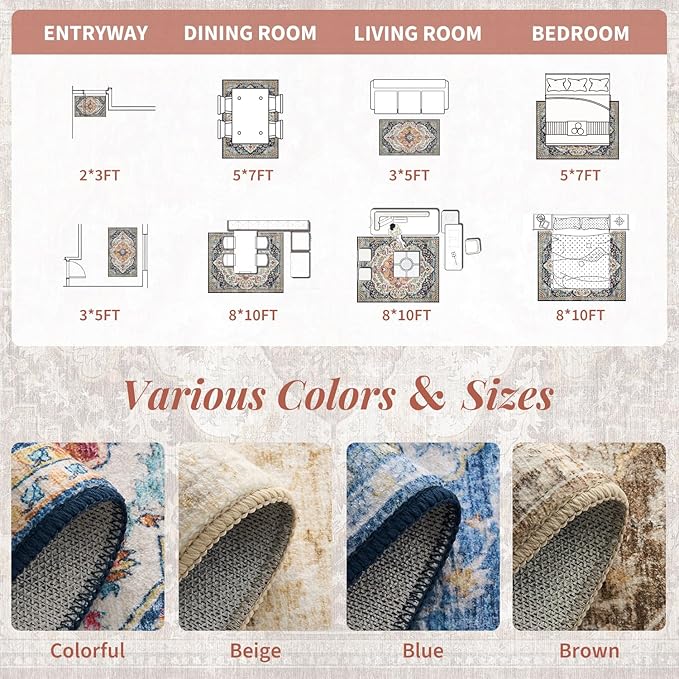 tchdio 2x3 Entryway Rug, Non Slip Front Door Mat Small Washable Rugs, Soft Low Pile Small Area Rug Vintage Doormat, Stain Resistant Rug for Entrance, Kitchen (Multi, 2'x3')