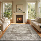 jinchan Washable Area Rug 8x10 for Living Room - Soft Faux Wool Ultra-Thin Stain Resistant Non-Slip Distressed Vintage Floral Large Carpet for Bedroom, Dining Room, Home Office, Nursery(Brown, 8'x10')