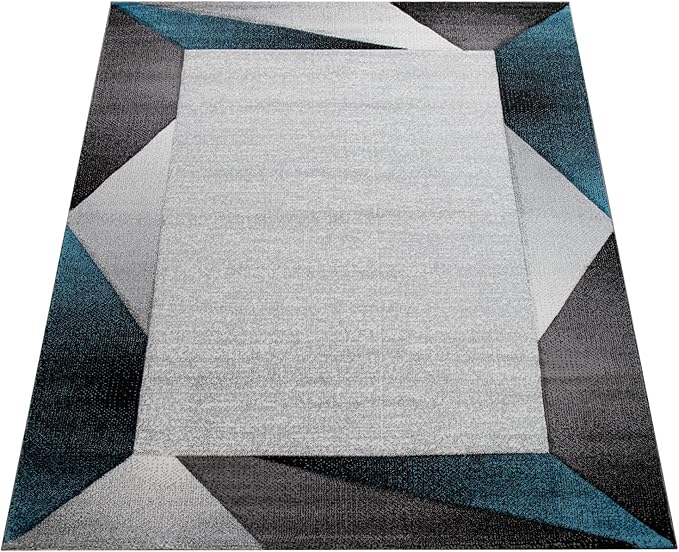 Paco Home Modern Area Rug Bordered with Geometric Pattern Turquoise Grey with Contour Cut, Size: 5'3" x 7'7"
