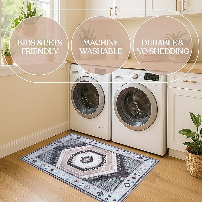 Fame Living Washable Area Rug. Modern Farmhouse. Vintage. Turkish. Bohemian. Distressed. Oriental. Traditional. Rugs for Living Room. Dining. Bedroom. Office. Entryway. (856BlckGry, 5'9" x 8'9")