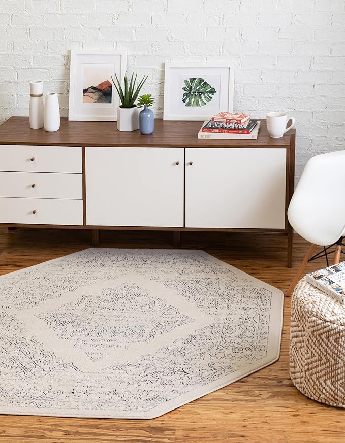 Unique Loom Isabella Collection Area Rug - Rossellini (7' 10" Octagon, White/ Black)