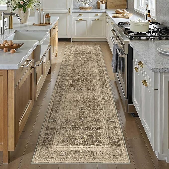 2x8 Washable Runner Rug for Kitchen Hallway Brown Vintage Non-Slip Low Pile Distressed Rustic Carpet Lightweight Vacuumable Soft Long Throw Rug for Indoor Entryway Bedroom