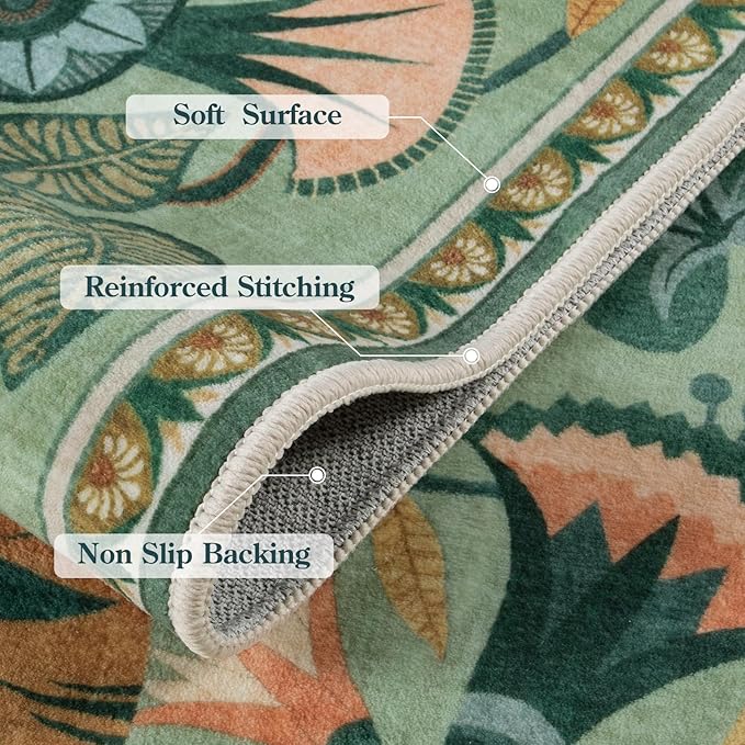 Floral Kitchen Rugs, 2.5X8 Green Runner Rug for Hallway, Non Slip Rugs for Entryway, Washable Carpet Runner with Rubber Backing, Vintage Rug for Bathroom Bedroom Indoor
