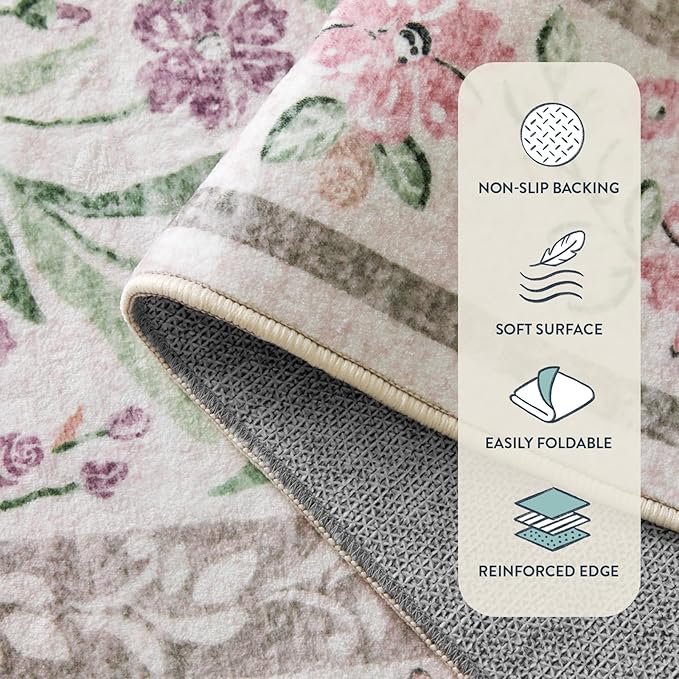 Lahome Purple 8x10 Area Rugs for Living Room, Washable Kids Rugs for Bedroom Girls, Vintage Baby Rugs for Nursery, Soft Thin Carpet for Dining Room Playroom, Pale Lilac/Pink
