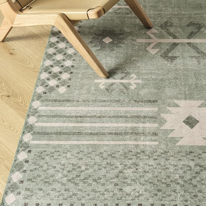 Revival Rugs Flam 10'x13' Zero-Shedding Area Rug for Living Room Bedroom - Oeko-TEX Certified, Low Pile, Spot Clean, Green