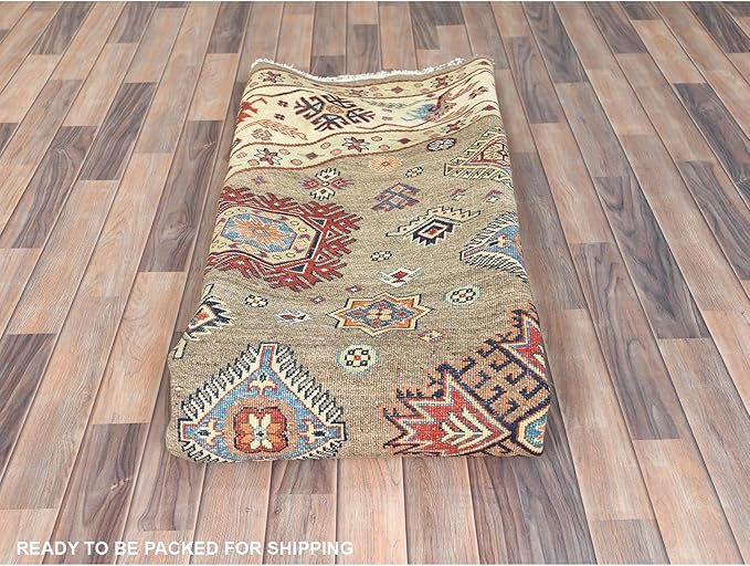 Taupe Brown Special Kazak with All Over Pattern Natural Dyes Organic Wool Hand Knotted Round Oriental Rug (9'x9')