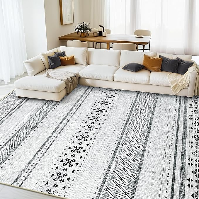 BESTSWEETIE 5x7 Area Rugs for Living Room Washable Moroccan Farmhouse Neutral Geometric Low Pile Non-Slip Soft Print Pattern Rug for Bedroom Kitchen Dining Room Entryway Grey/Black/Navy