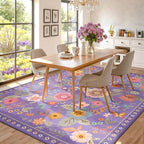 Floral 9x12 Area Rug Machine Washable Soft Print Boho Carpet Non Slip Doormat Low Pile Flower Area Rugs for Living Room Bedroom Nursery Kitchen Dining Room Indoor-Purple/Pink/Multi