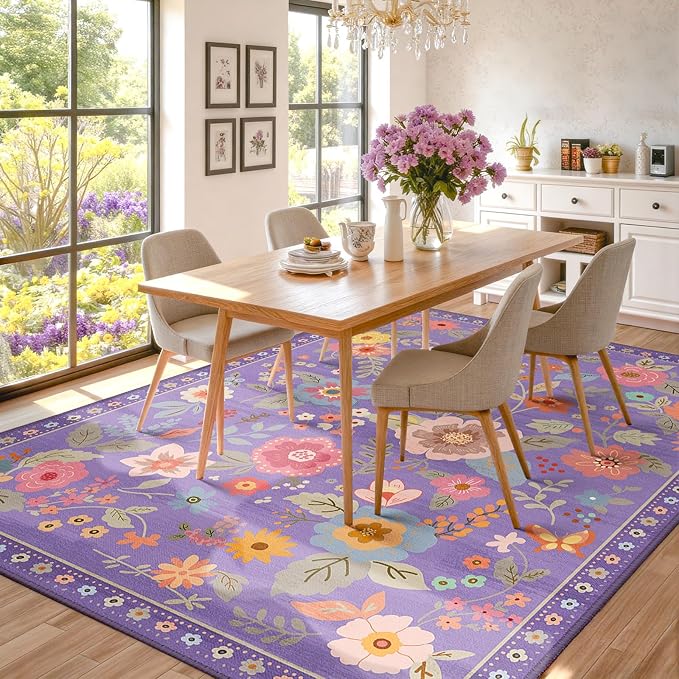 Floral 9x12 Area Rug Machine Washable Soft Print Boho Carpet Non Slip Doormat Low Pile Flower Area Rugs for Living Room Bedroom Nursery Kitchen Dining Room Indoor-Purple/Pink/Multi