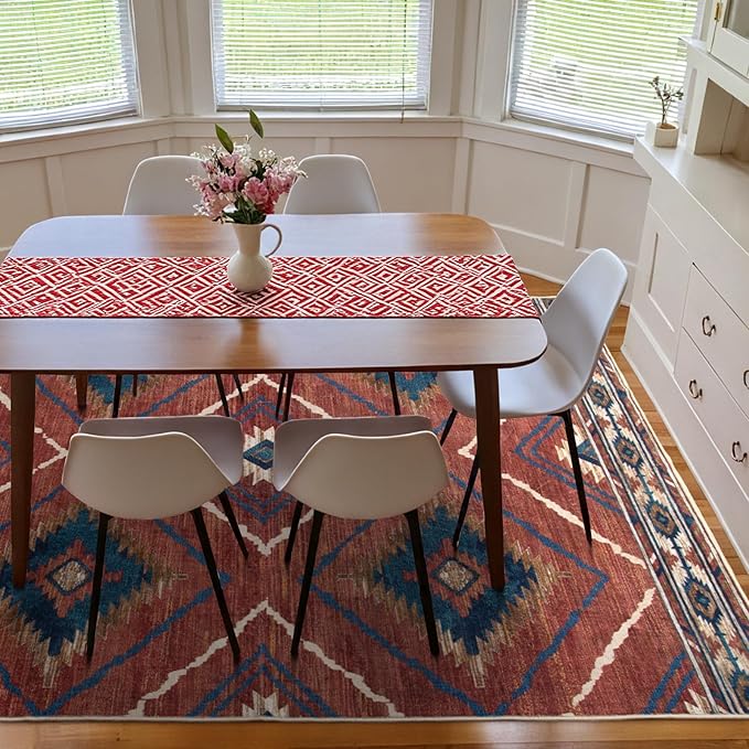 Area Rug 2x5 Rug Machine Washable Non-Slip Low Pile Print Pattern Western Rug for Living Room Bedroom Entryway Tribal Series-Red/Orange