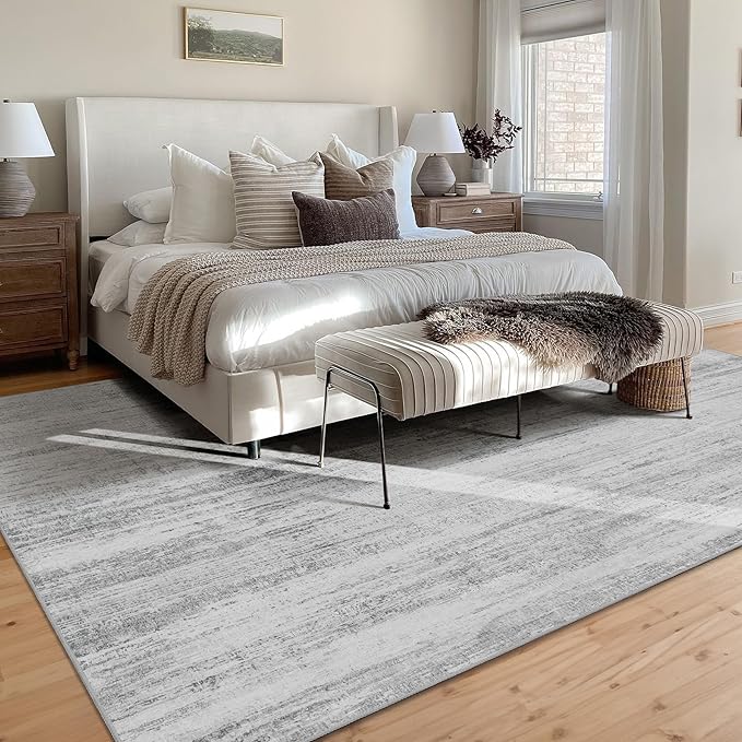 MUJOO 9x12 Area Rug,Washable Rugs for Living Room Bedroom Dining Room,Modern Abstract Large Non Slip Throw Carpet Indoor,Low Pile Accent Neutral Grey