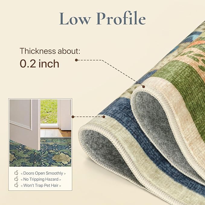 Bavni 9x12 Area Rugs, Floral Machine Washable Rugs for Living Room, Dinning Room, Bedroom, Non Slip Aesthetic Vintage Low Pile Durable Lightweight Farmhouse Rug, Tea Green/Blue