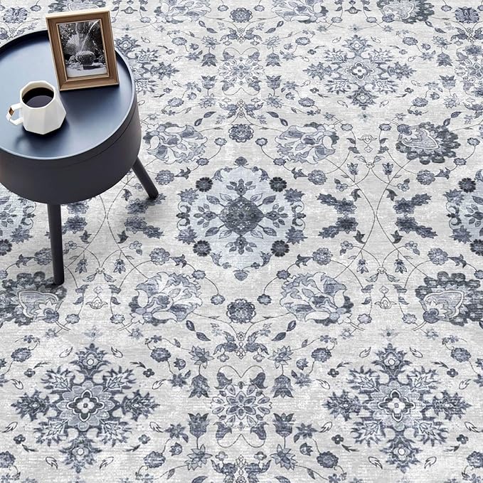 vivorug 3x5 Rug, Stain Resistant Washable Rug for Living Room, Floral Area Rug Vintage Inspired (Ivory/Blue, 3'x5')