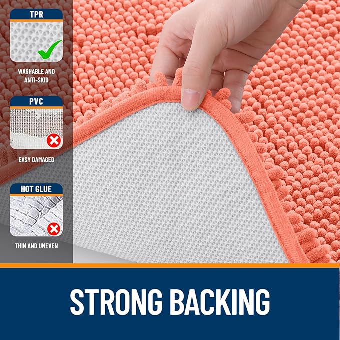 OLANLY Bathroom Rugs 59x20, Extra Soft Absorbent Chenille Bath Rugs, Rubber Backing Quick Dry, Machine Washable Bath Mats for Bathroom Floor, Tub and Shower, Home Decor Accessories, Coral