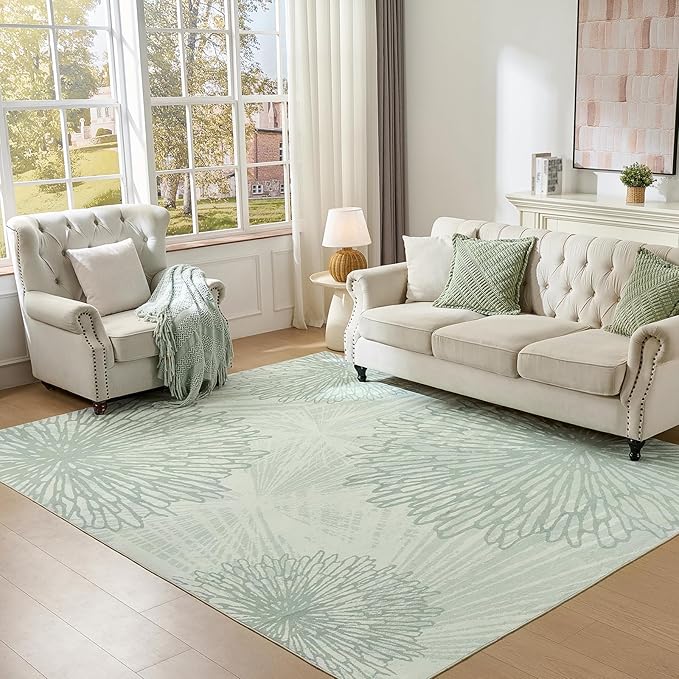 WITSHOCK 7x9 Washable Rug for Living Room,Modern Floral Distress Print Pattern Area Rugs,Stain Resistant with Non Slip Backing Carpet for Dining Room,Bedroom & Home Decor,Green/Light Green