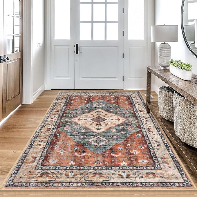 KOZYFLY Boho Area Rug 4x6 Ft Rugs for Entryway Washable Entry Rug Non Slip Rug for Living Room Rust/Orange/Blue Printed Faux Wool Vintage Bedroom Throw Rugs for Entrance Kitchen Living Room