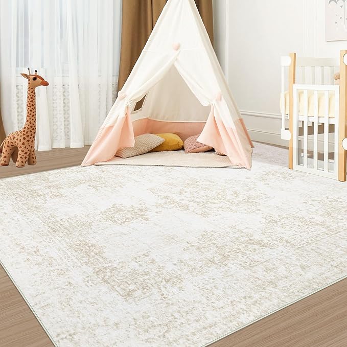 Vintage Living Room Area Rug - 5x7 Large Machine Washable Boho Moroccan Rug Distressed Farmhouse Rugs for Bedroom - Soft Non-Slip Indoor Carpet for Dining Room Office Nursery(Ivory, 5'x7')