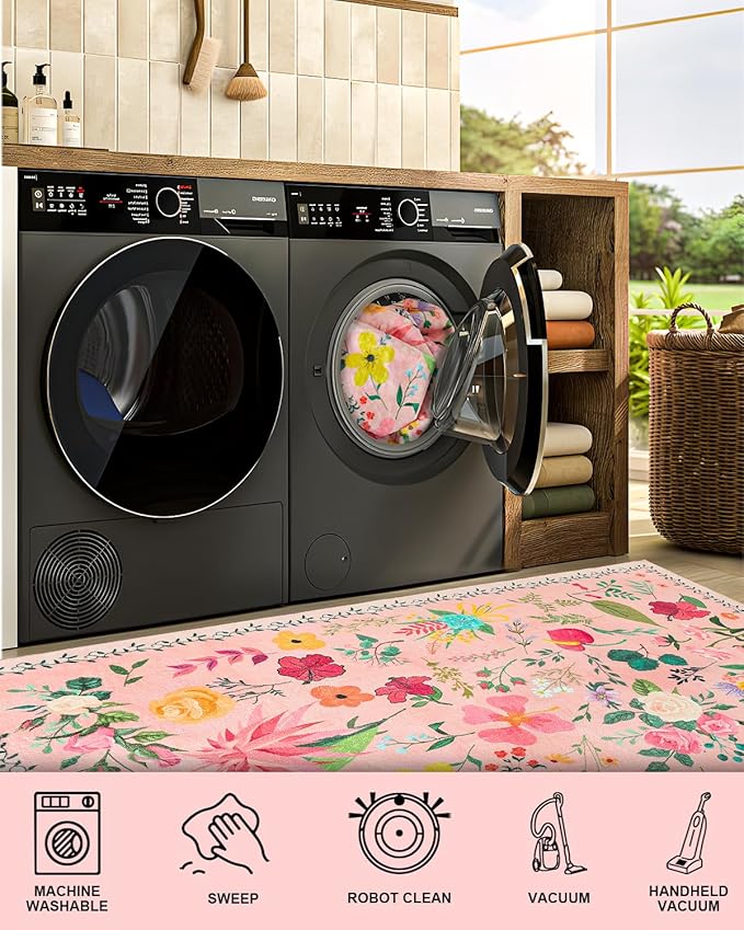 Boho Floral Entryway Rug 2x3, Washable Small Mat for Bathroom and Kitchen, Non Slip Front Door Mat Indoor Entrance, Vintage Style Flower Mat with Rubber Backing, Soft Area Rug for Entry Way (Pink)
