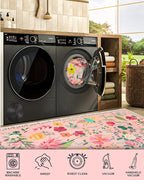 Boho Floral Entryway Rug 2x3, Washable Small Mat for Bathroom and Kitchen, Non Slip Front Door Mat Indoor Entrance, Vintage Style Flower Mat with Rubber Backing, Soft Area Rug for Entry Way (Pink)