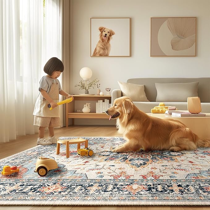 Area Rugs Square 6ft Washable Non-Slip, Floral Vintage Distress Print Pattern Medallion Carpet for Living Room Bedroom Dining Room, Beige Navy Blue Orange Colorful