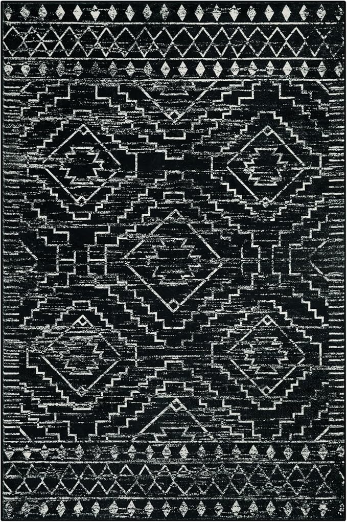 Wonnitar Moroccan Washable Rug 4x6, Black Boho Living Room Area Rug, Non-Slip Farmhouse Bedroom Carpet Dorm Room Throw Rug, Low Pile Soft Accent Mat for Kitchen Entry Office (Black,4'x6')
