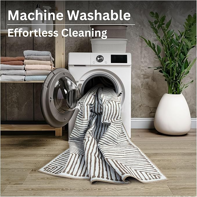 Bloom Rugs Washable Non-Slip 3' x 5' Rug - Brown Striped Area Rug for Living Room, Bedroom, Dining Room, and Kitchen - Exact Size: 3' x 5'