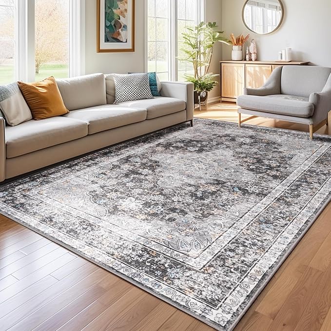 Rugs for Living Room, 8x10 Large Area Rugs Ultra Soft Washable, Vintage Boho Faux Wool Carpet for Dining Room, Bedroom, Office, Home Decor (Dark Grey)