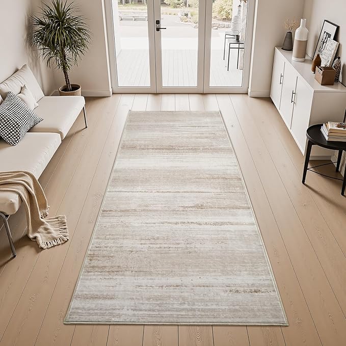 PADOOR Modern Abstract Runner Rug - 2x10 Washable Hallway Rugs, Ultra Soft Non-Slip Low Pile Floor Rugs for Hallway Entryway Kitchen Bedroom Bedside Laundry Room Brown