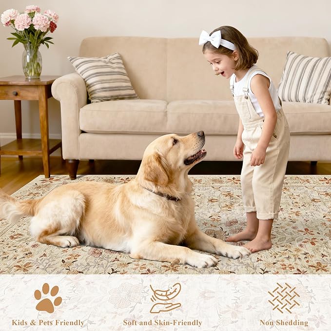 DUKINO 8x10 Area Rugs for Living Room, Vintage Floral Washable Rug with Non Slip Backing, Soft Low Pile & Non-Shedding Large Carpets for Bedroom, Farmhouse, Dining Room, Home Office, Beige