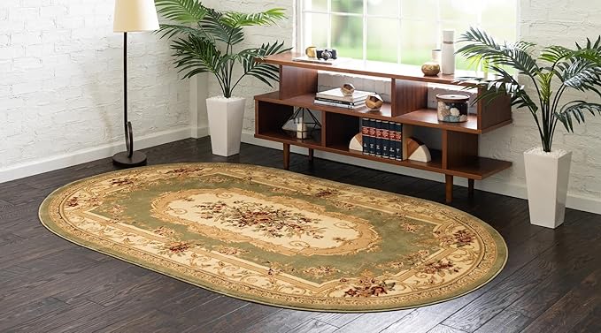 Unique Loom Versailles Collection Traditional Classic Floral Motif Area Rug (7' 11 x 10' 0 Oval, Green/Ivory)
