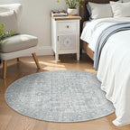 LIVEBOX Washable Area Rug 4ft Boho Round Rug Traditional Rugs for Bedroom, Ultra-Thin Retro Carpet Grey Print Distressed Accent Circle Rugs for Nursery Room Entryway Foyer