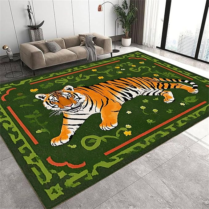 Jungle Tiger Area Rug,5x6ft, Cozy Jungle Style Tiger Print Area Rug Surrounded by Green Plants and Yellow Flowers Washable Animal Rug for Farmhouse Living Room Bedroom Kitchen Kids Room Decor