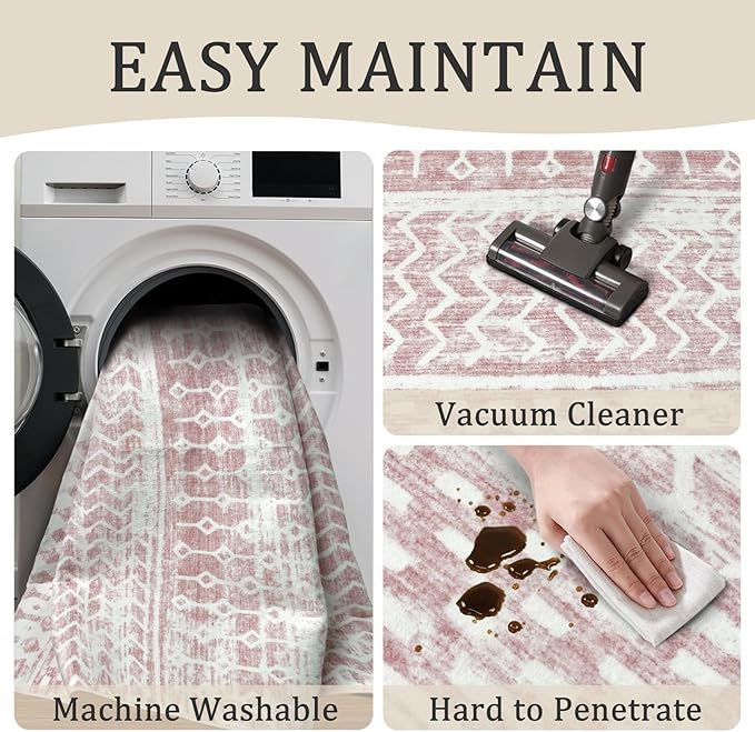 2x3 Machine Washable Area Rug for Entryway, Pink Vintage Moroccan Rug Non-Slip Low Pile Soft Faux Wool Small Carpet, Kids and Pets Friendly for Bedroom Kitchen Hallway Home Decor Rug