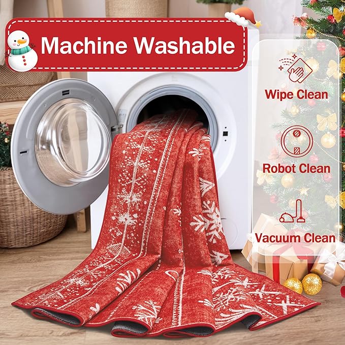 Area Rug 4x6 Christmas Rugs, Machine Washable Boho Christmas Tree Snowflake Rug Non-Slip Soft Low Pile Holiday Indoor Rugs for Bedroom Kitchen Dining Room Office(Xmas Red, 4'x6')
