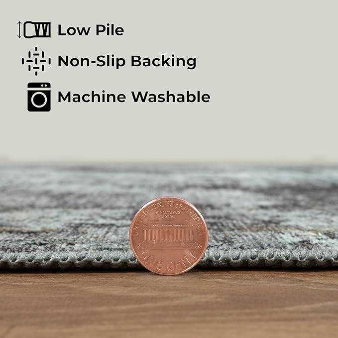 GLN Rugs Contemporary Collection - Machine Washable Area Rug, Contemporary Washable, Non Slip, Low Pile Chenille Rug, Living Room, Bedroom, Kitchen Rug (6' x 9' Grey/Green)