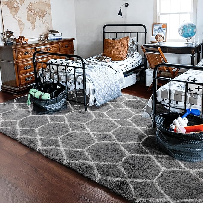 ONASAR 8x10 Area Rugs for Living Room, Fluffy Grey and White Bedroom Rug, Washable Geometric Boho Large Soft Plush Shaggy Fuzzy Floor Carpet for Nursery Kids Classroom Playroom Dorm Home Decor