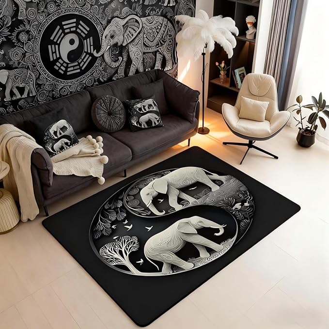 Elephant Large Area Rug 5x7 Bohemian Style Living Room Rug | Antique Decor Yin and Yang Rugs for Bedroom, Western Animals Carpet Indoor Floor Mat,Black Grey Beige